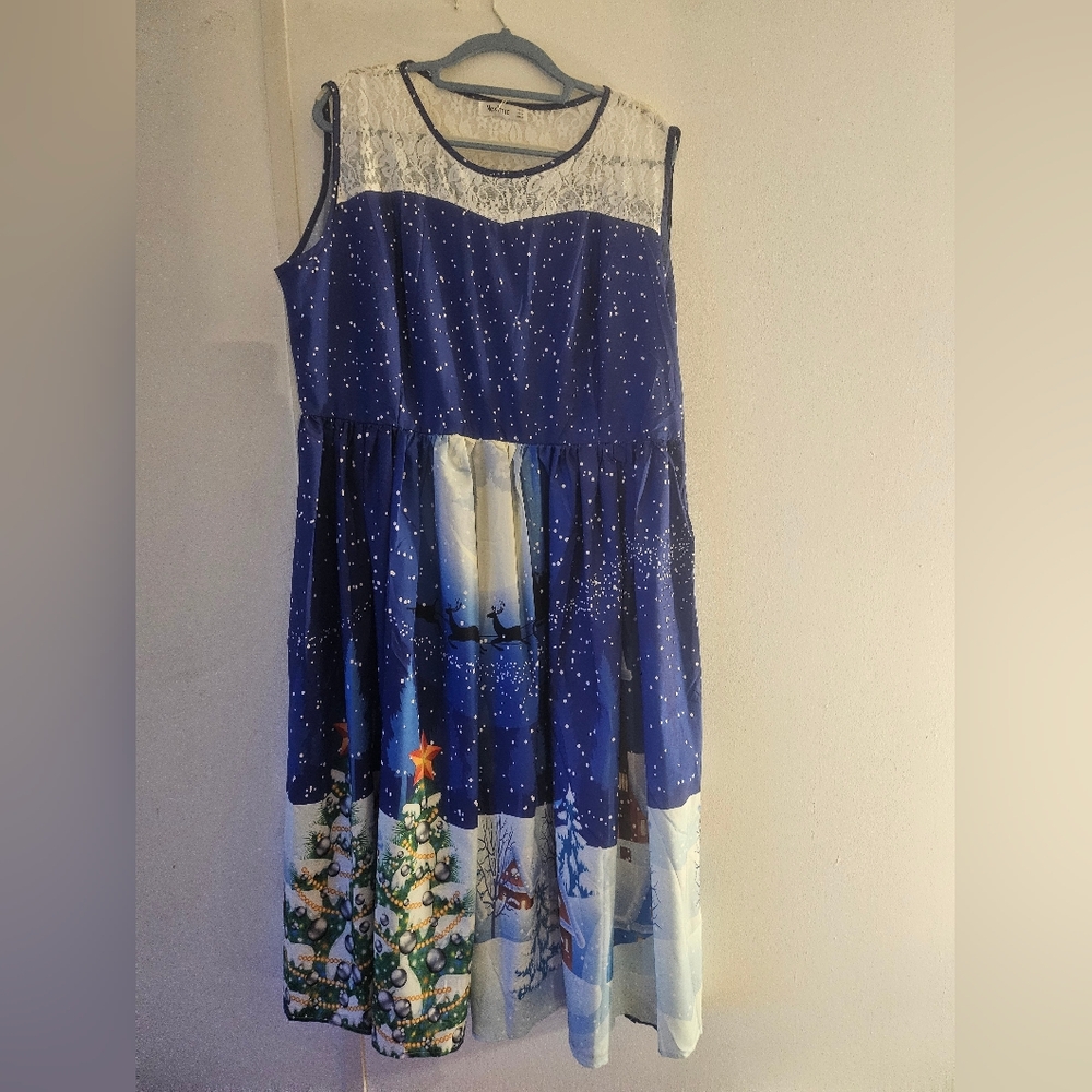 Nextmia Women's Size 20‎ Christmas Print Dress Blue Lace Christmas Village Scene